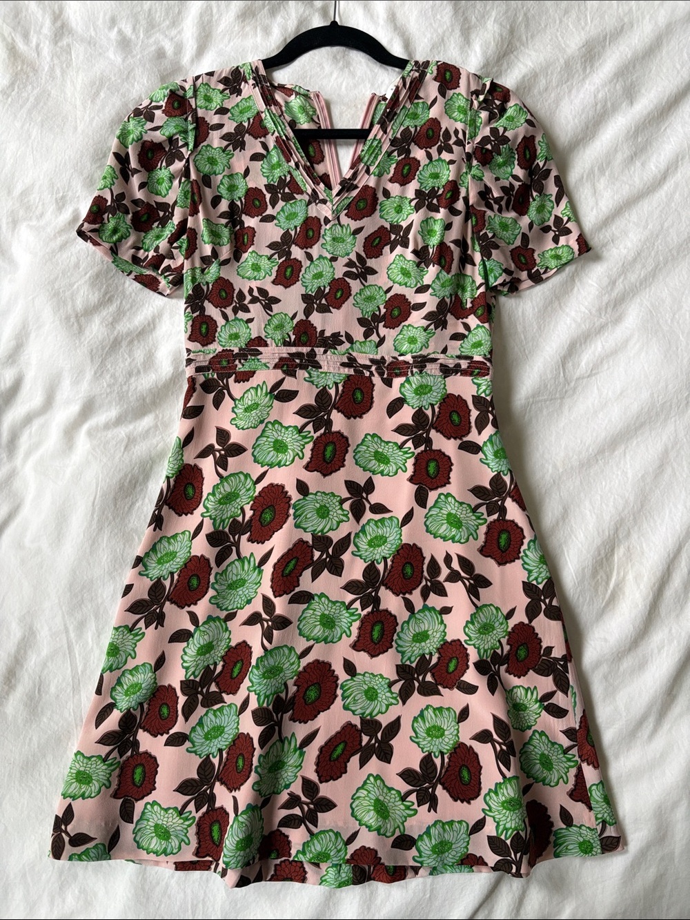 Sandro Pink Mini Dress with Green Floral & Brown Accents